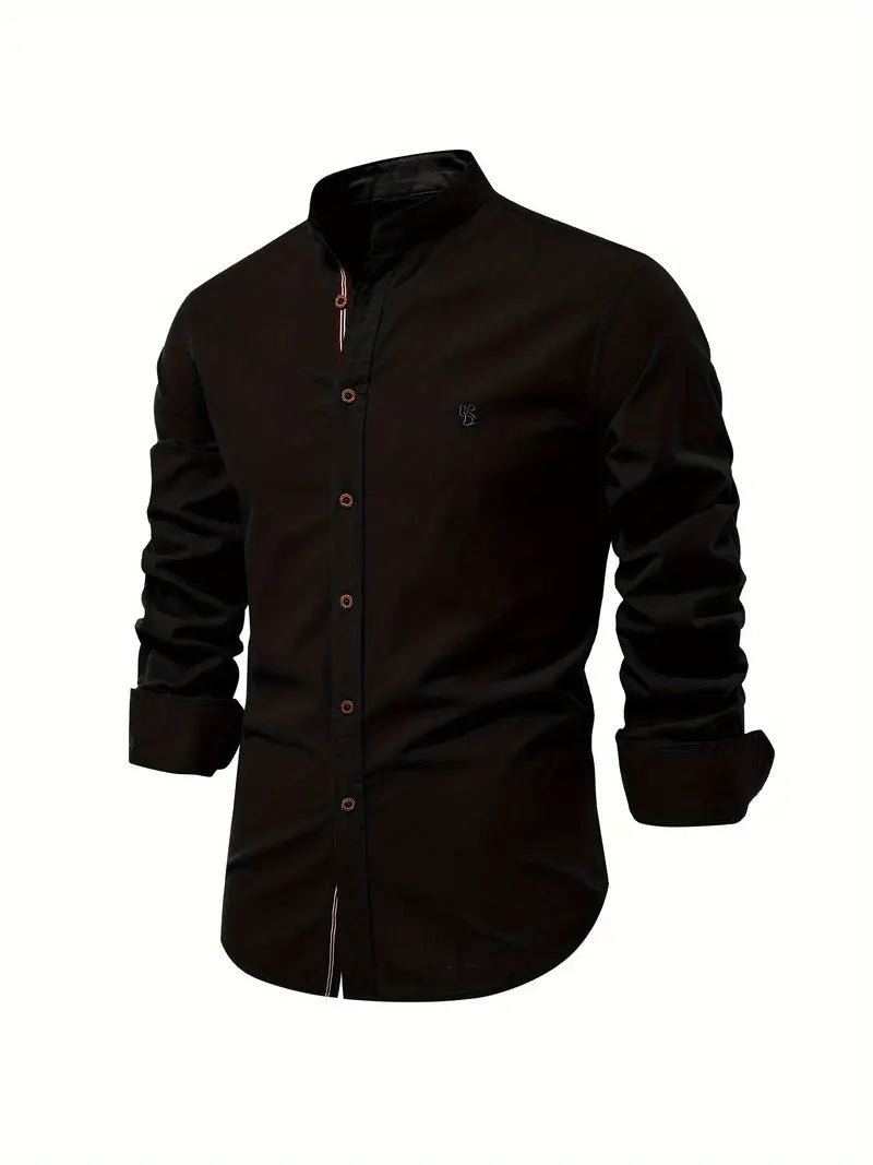 Men's mandarin-collar button-up shirt in black — alternate view