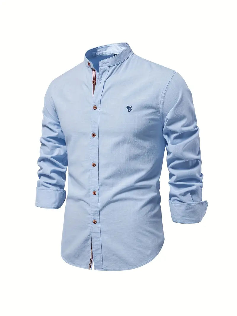 Men's mandarin-collar button-up shirt in light blue — detail view