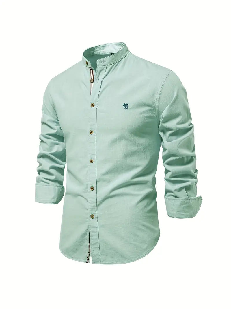 Men's mandarin-collar button-up shirt in light green — additional view