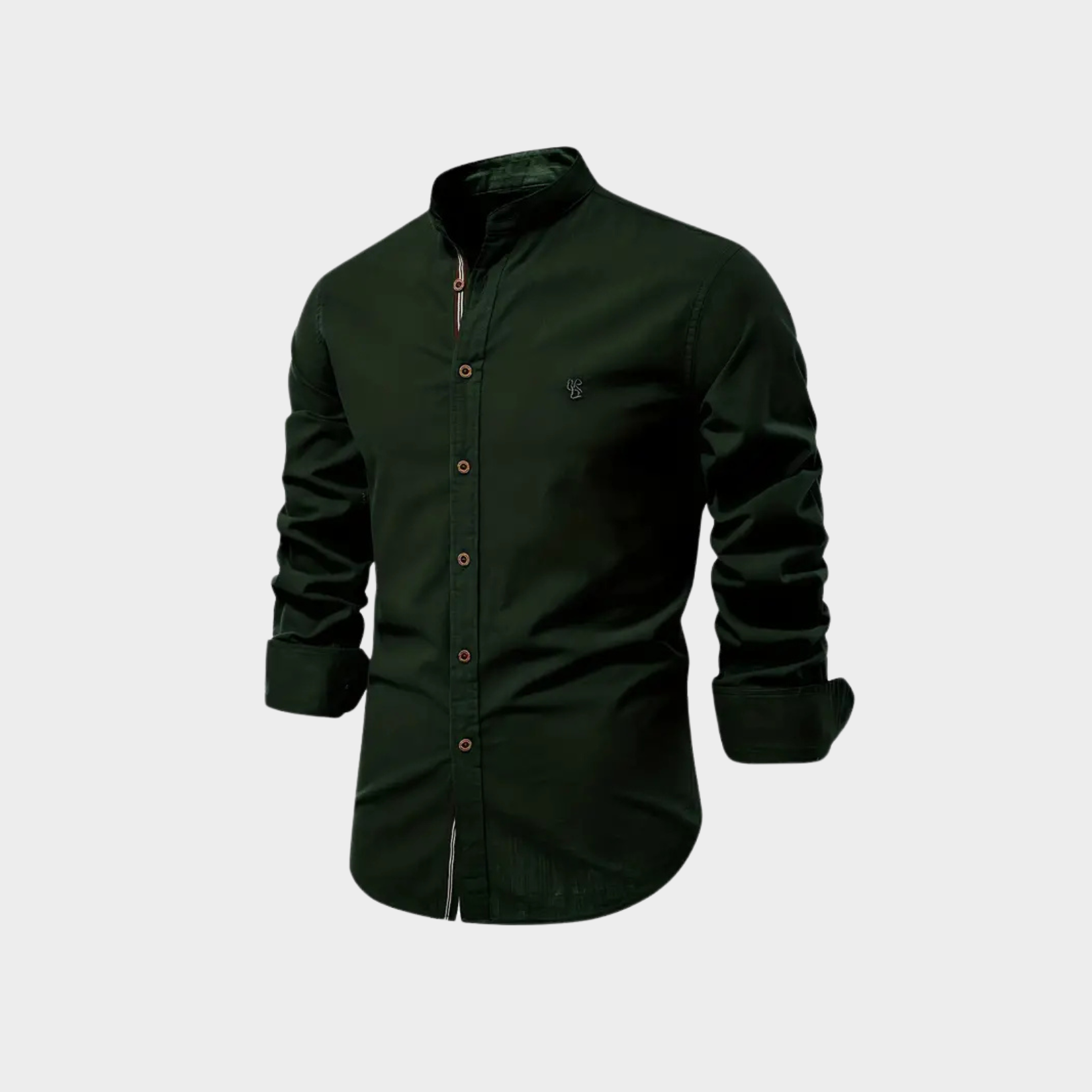 Men's mandarin-collar button-up shirt in dark green — additional view