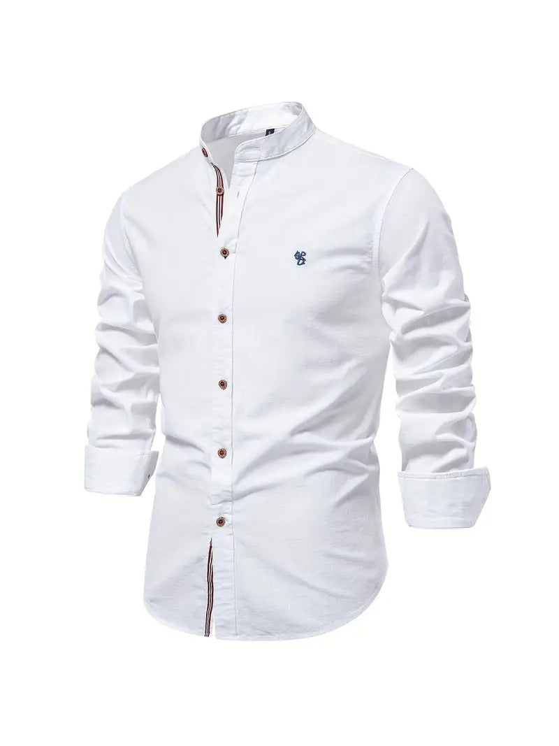 Men's mandarin-collar button-up shirt in white — additional view