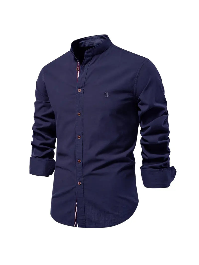 Men's mandarin-collar button-up shirt in navy