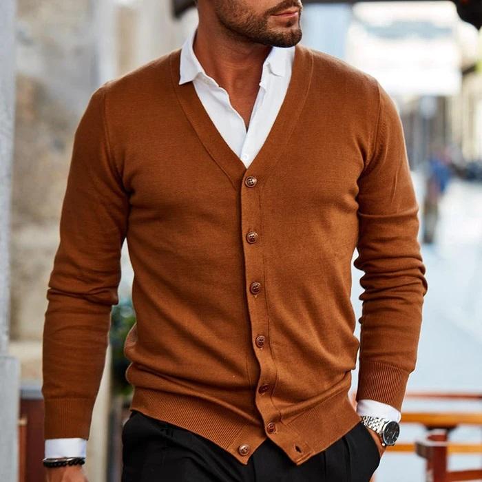Men's v-neck button up cardigan in brown — alternate view