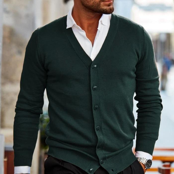 Men's v-neck button up cardigan in green — detail view