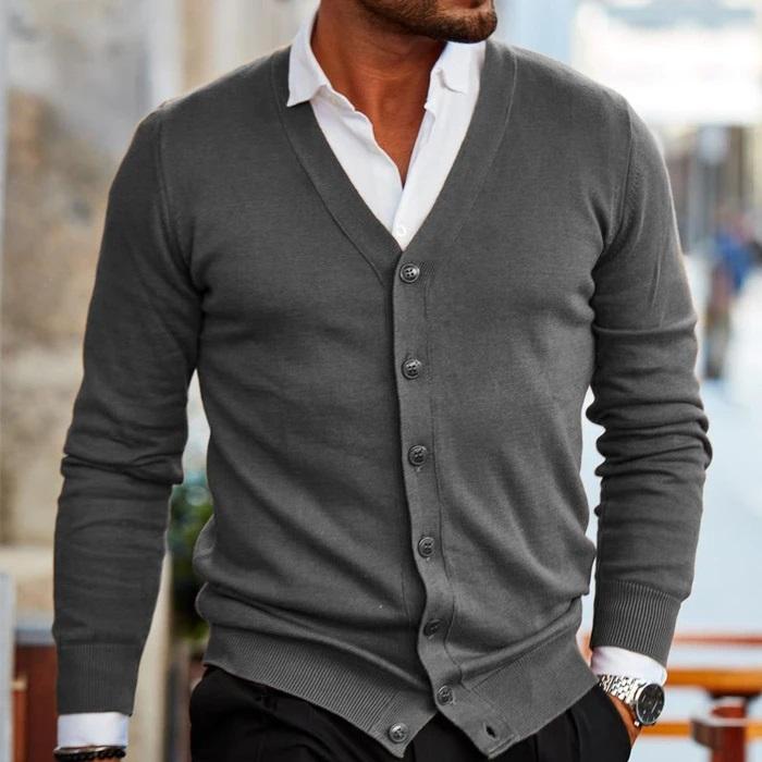 Men's v-neck button up cardigan in gray — additional view