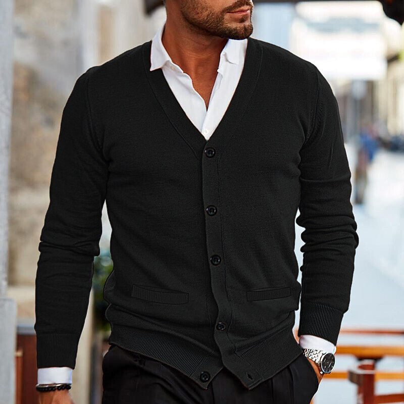 Men's v-neck button up cardigan in black — additional view