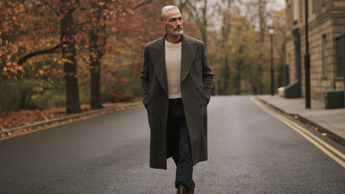 Man in a charcoal wool overcoat and cream cable-knit sweater walking a tree-lined street on an autumn morning