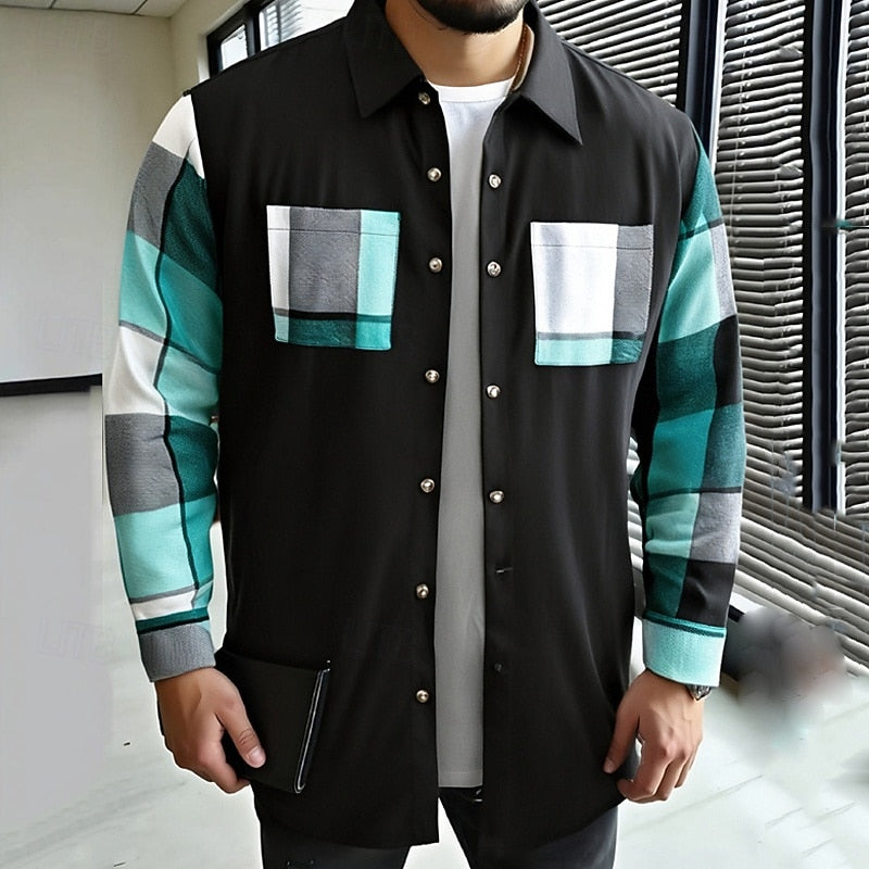 Men's patchwork button-up shirt jacket in sky blue — additional view