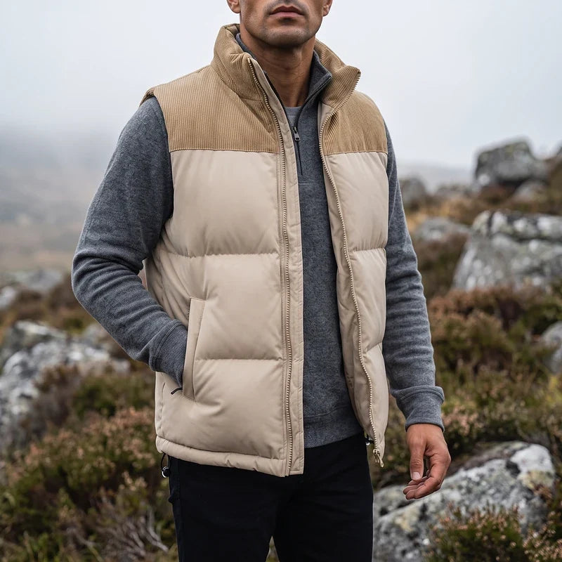 Men's corduroy yoke quilted puffer vest in beige