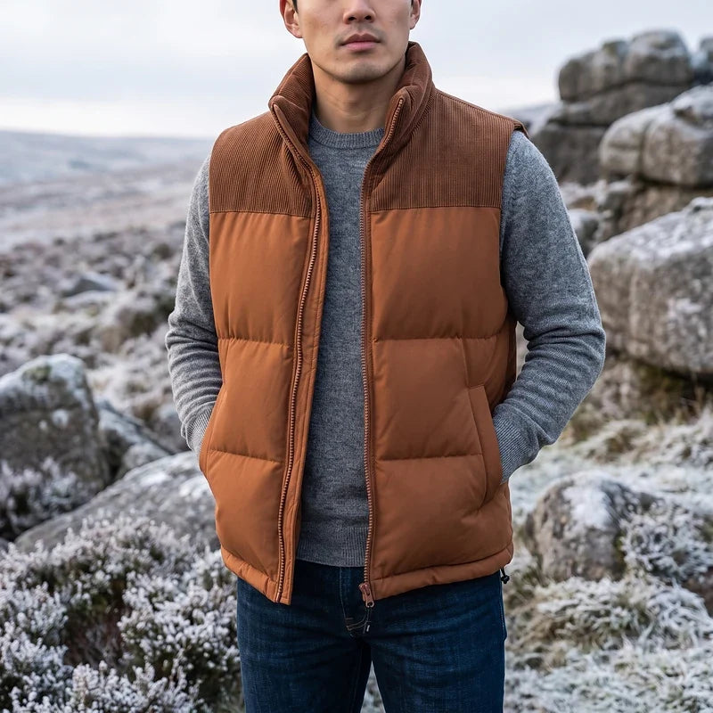Men's corduroy yoke quilted puffer vest in brown — alternate view