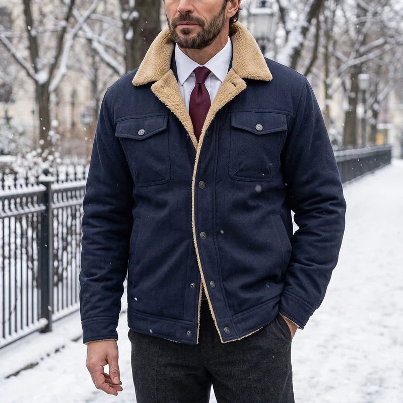 Men's sherpa-collar utility jacket in navy blue — detail view