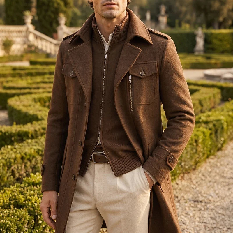 Men's wool stand-collar long coat in brown