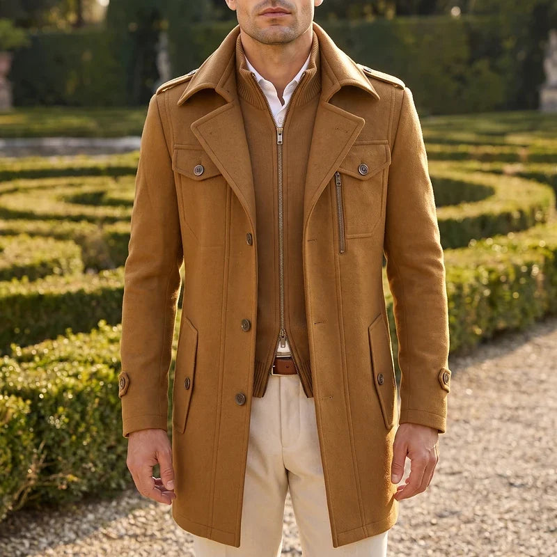 Men's wool stand-collar long coat in camel — alternate view