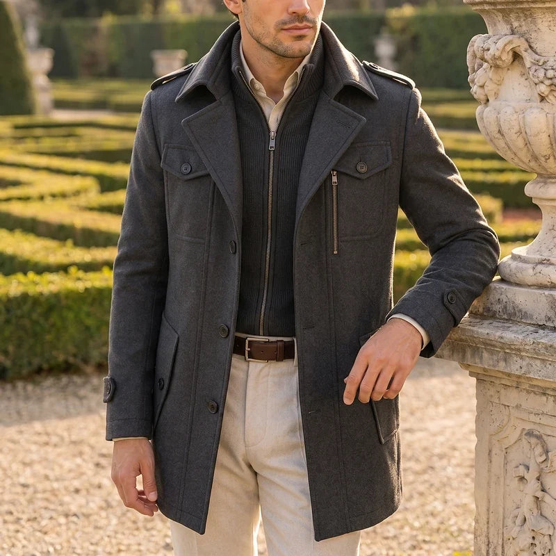 Men's wool stand-collar long coat in gray — detail view