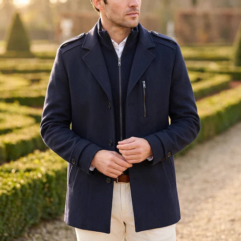 Men's wool stand-collar long coat in black — additional view