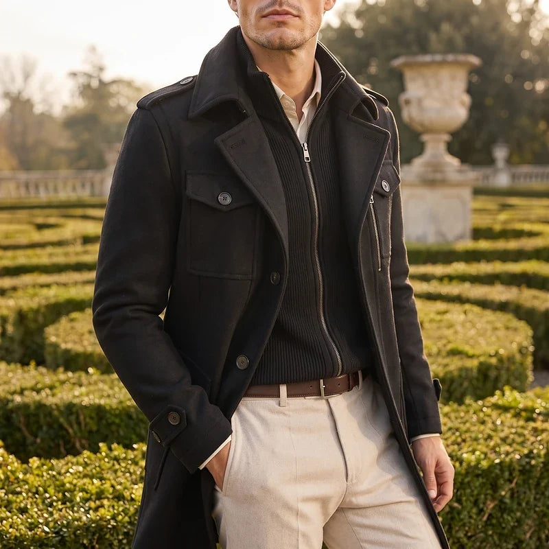 Men's wool stand-collar long coat in navy blue — additional view