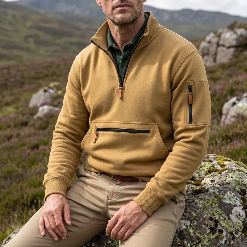 Men's quarter-zip fleece pullover in camel