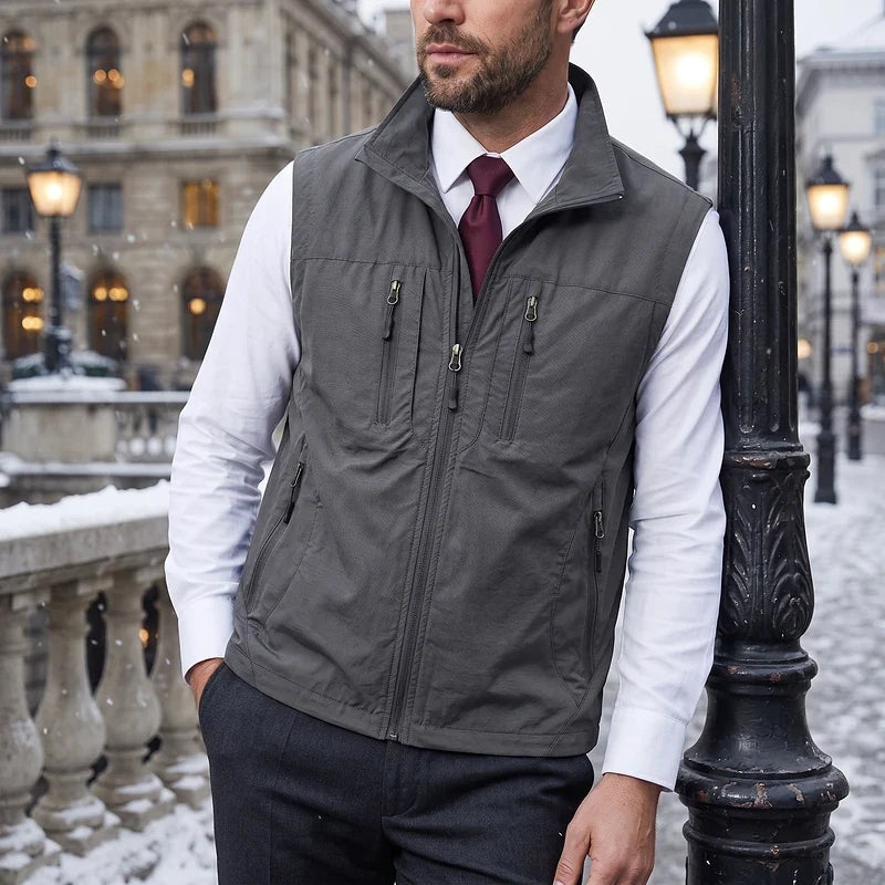 Men's multi-pocket utility travel vest in gray — alternate view