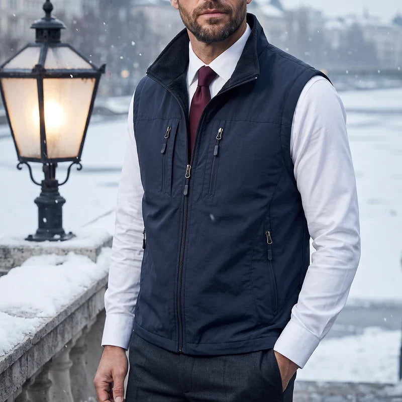 Men's multi-pocket utility travel vest in navy blue — detail view