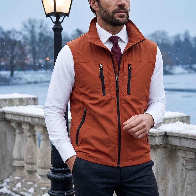 Men's multi-pocket utility travel vest in orange — additional view