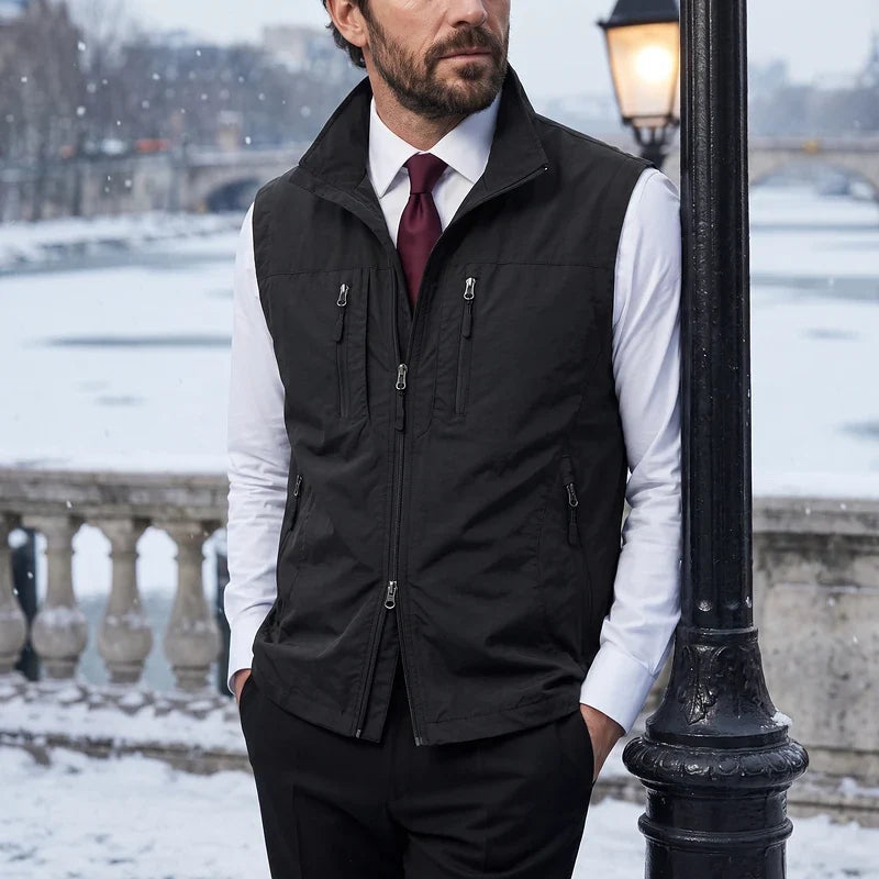 Men's multi-pocket utility travel vest in black — additional view