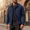 Men's flannel-lined denim trucker jacket in dark blue