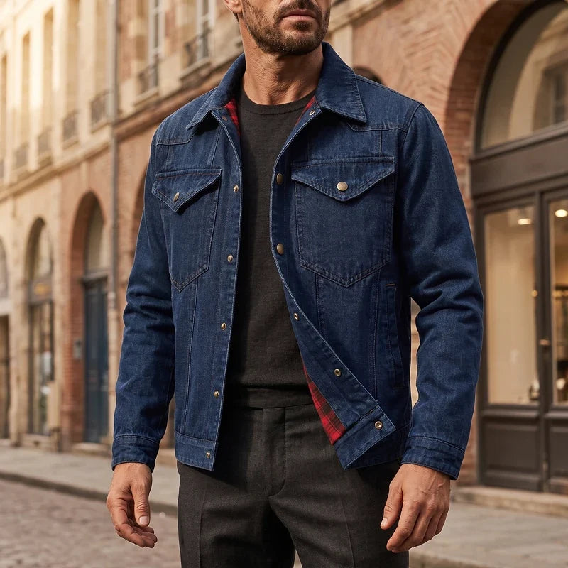 Men's flannel-lined denim trucker jacket in dark blue