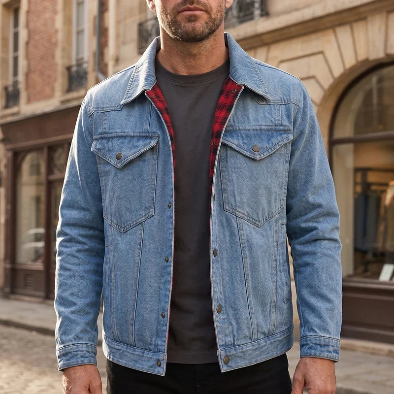 Men's flannel-lined denim trucker jacket in light blue — alternate view