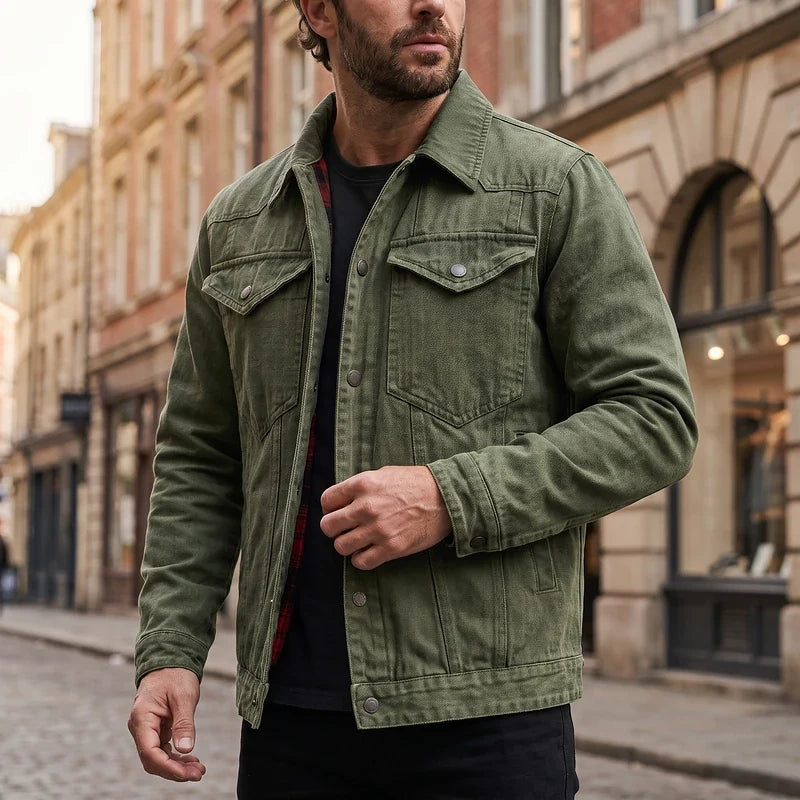 Men's flannel-lined denim trucker jacket in green — detail view