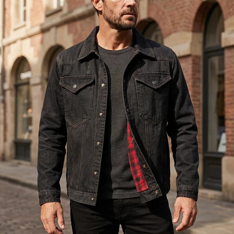 Men's flannel-lined denim trucker jacket in black — additional view