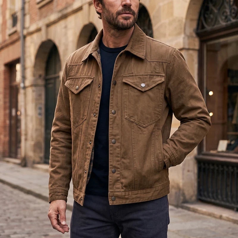 Men's flannel-lined denim trucker jacket in brown — additional view