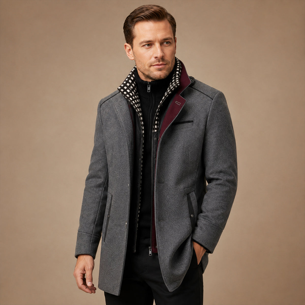 Men's stand-collar heritage trench coat in gray — additional view