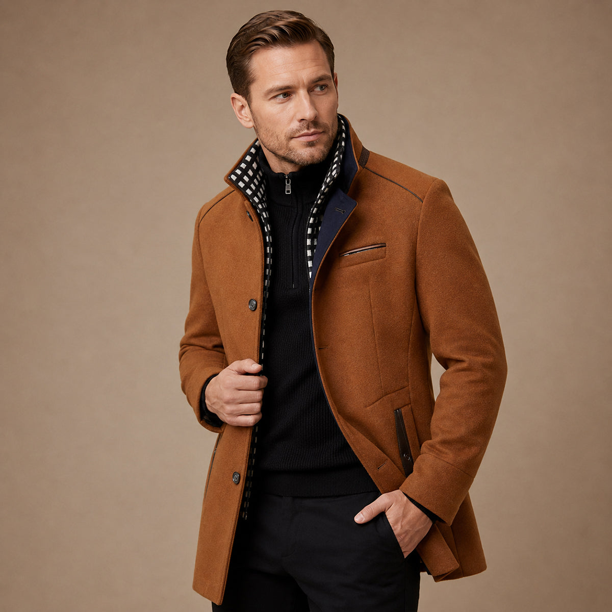 Men's stand-collar heritage trench coat in camel — additional view