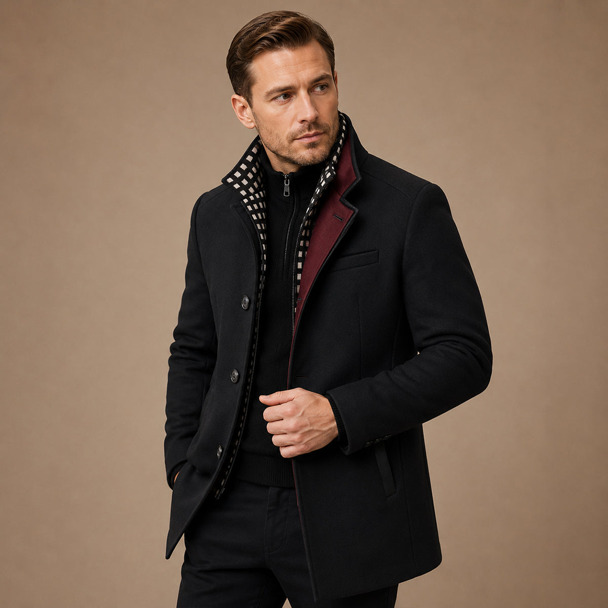 Men's stand-collar heritage trench coat in black — additional view