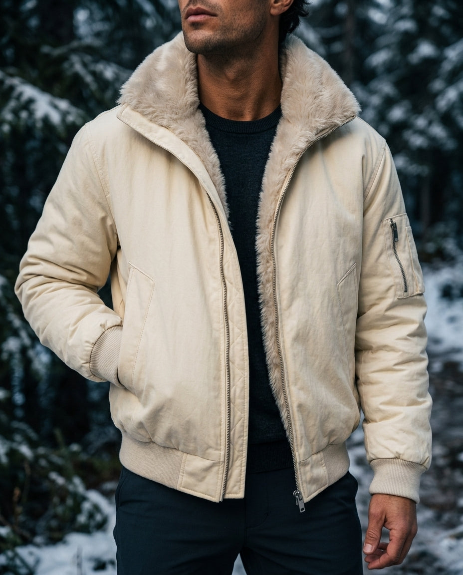Men's faux fur lined bomber jacket in white — alternate view