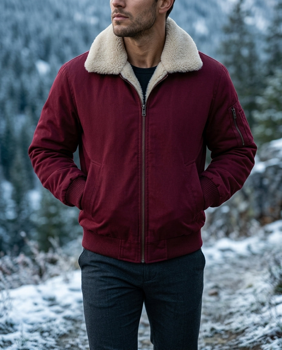 Men's faux fur lined bomber jacket in red — additional view