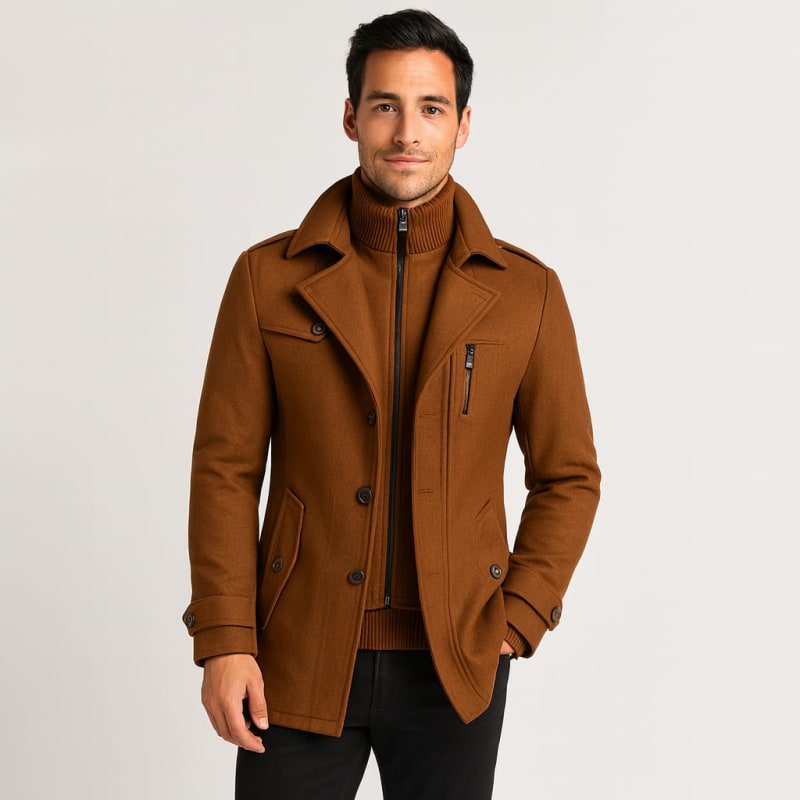 Men's notch lapel wool short coat in brown