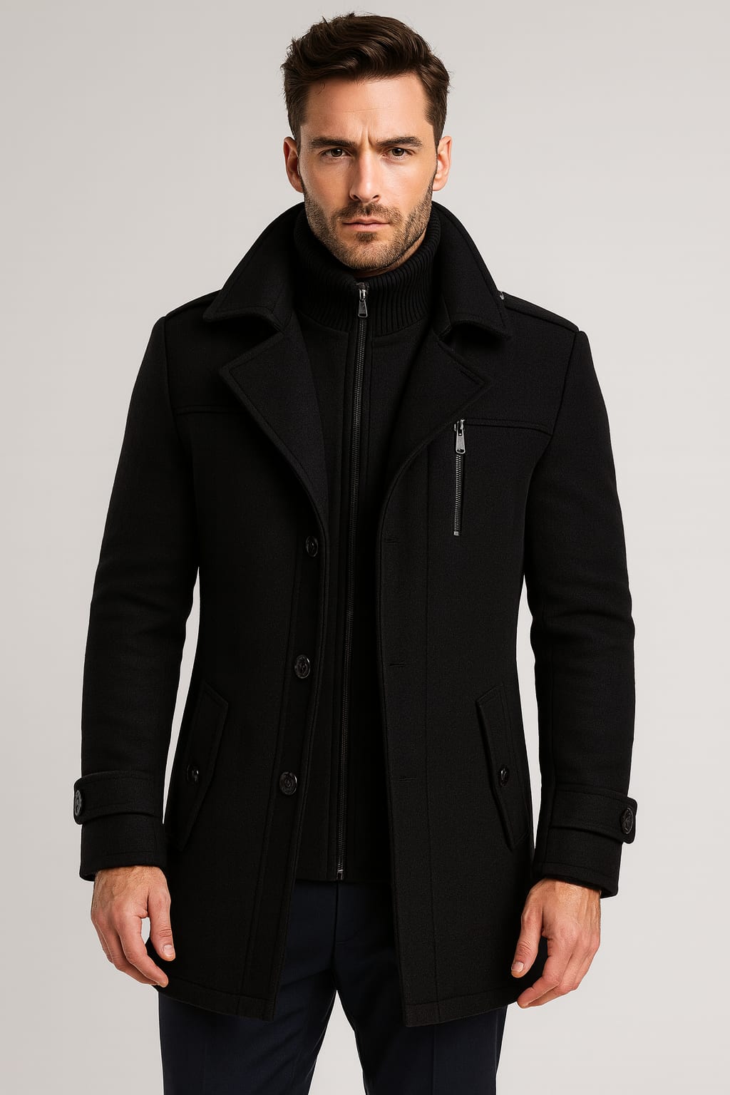 Men's notch lapel wool short coat in black — additional view