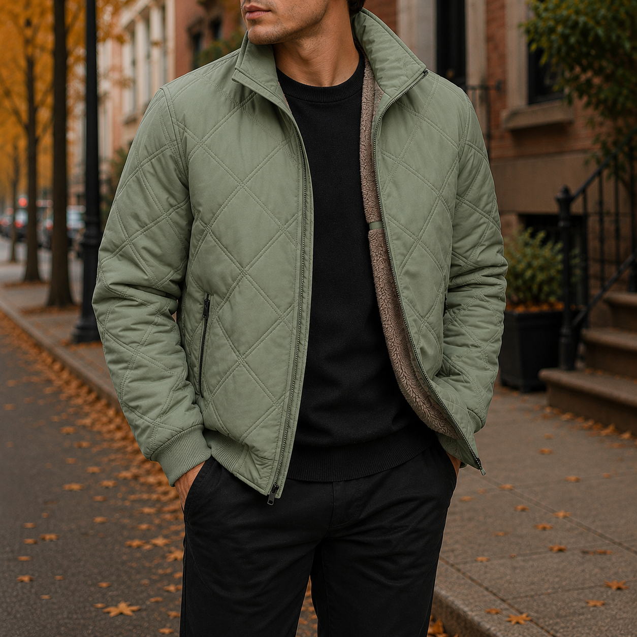 Men's quilted fleece-lined jacket in green — detail view
