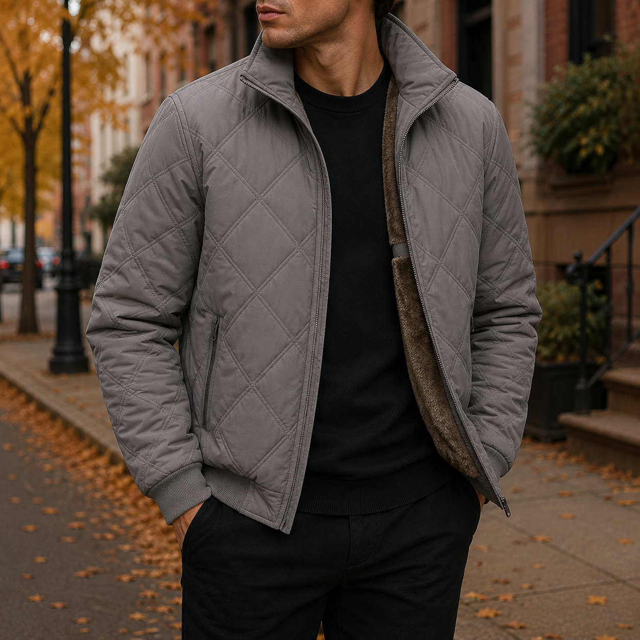 Men's quilted fleece-lined jacket in gray