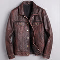 Men's distressed leather button-front jacket in dark brown