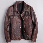 Men's distressed leather button-front jacket in dark brown