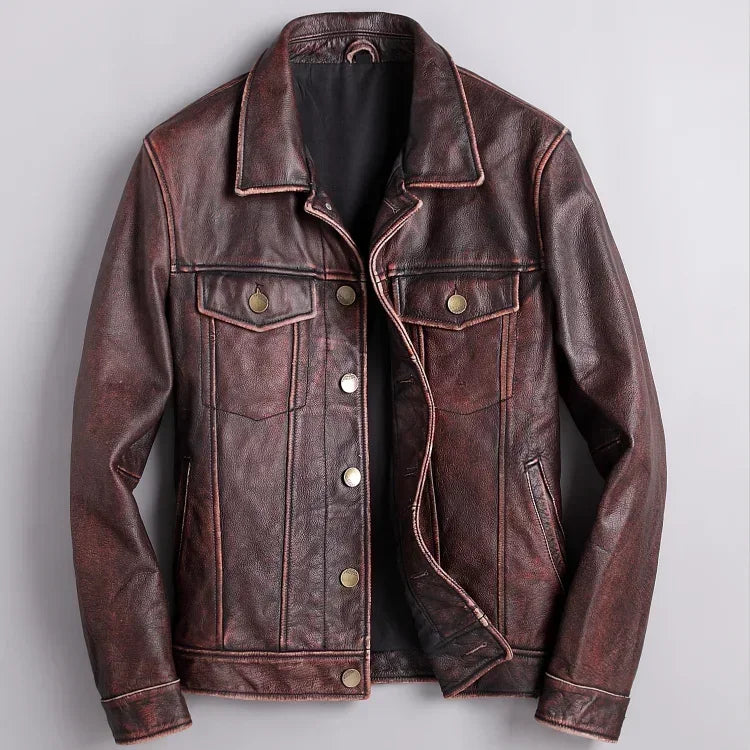 Men's distressed leather button-front jacket in dark brown
