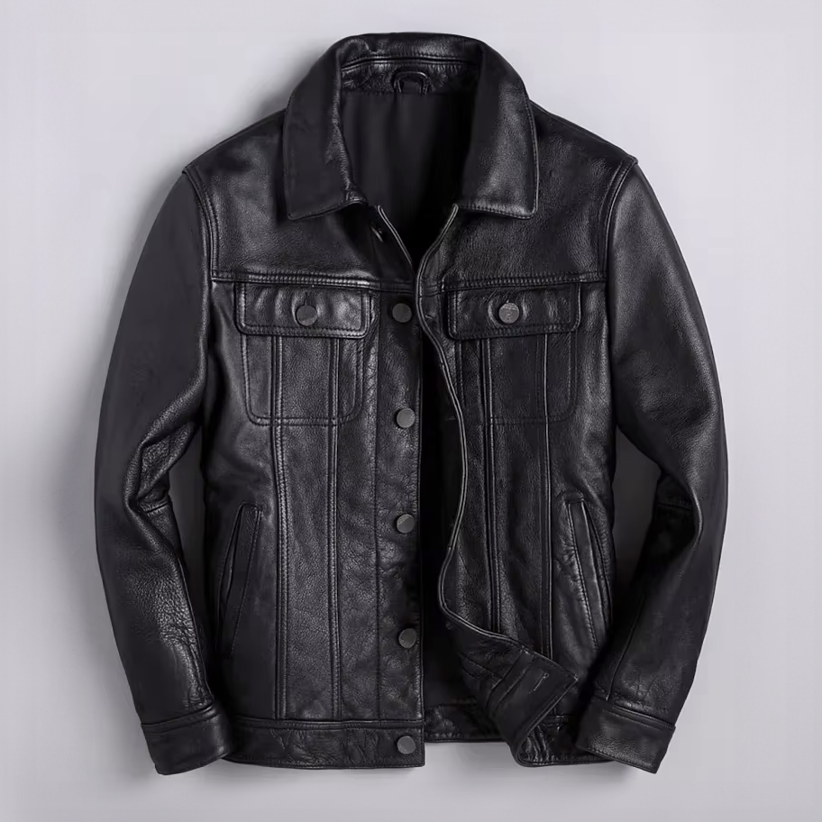 Men's distressed leather button-front jacket in black — alternate view