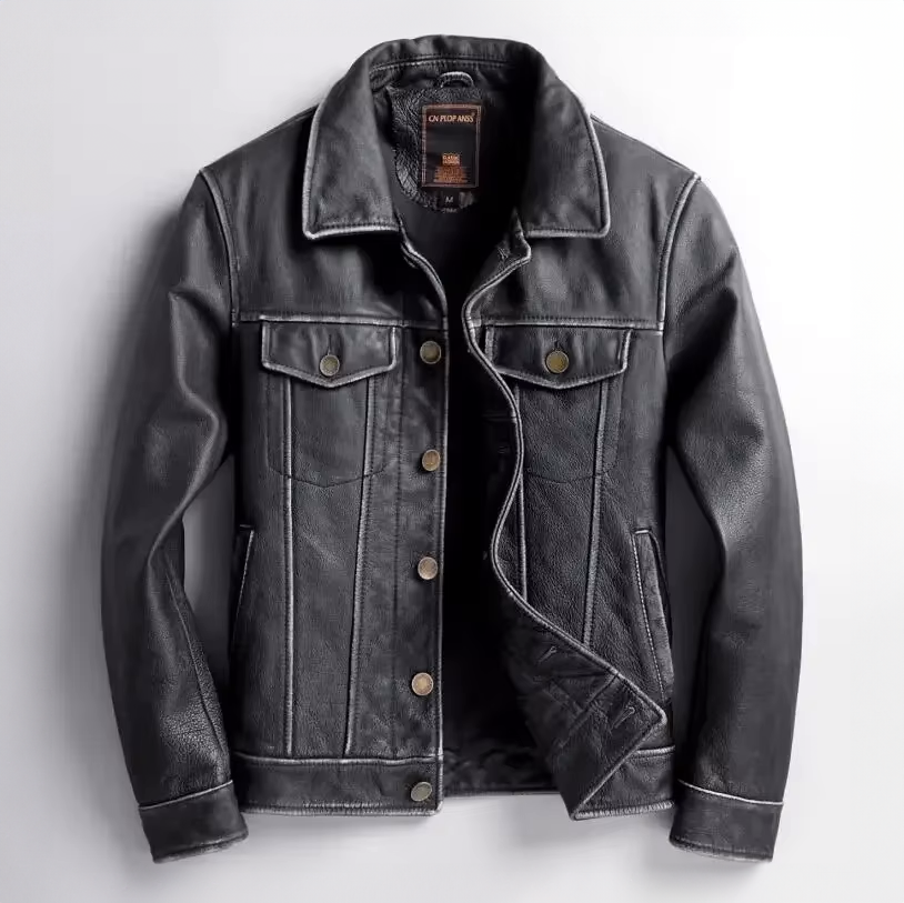 Men's distressed leather button-front jacket in gray — detail view