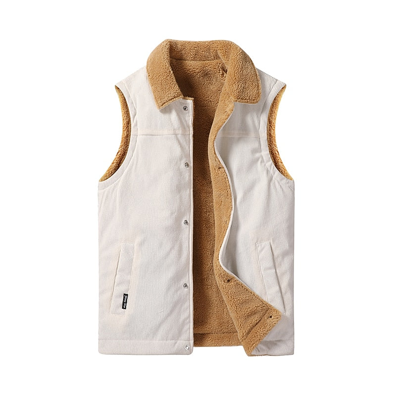 Men's sherpa-lined zip puffer vest in white — detail view
