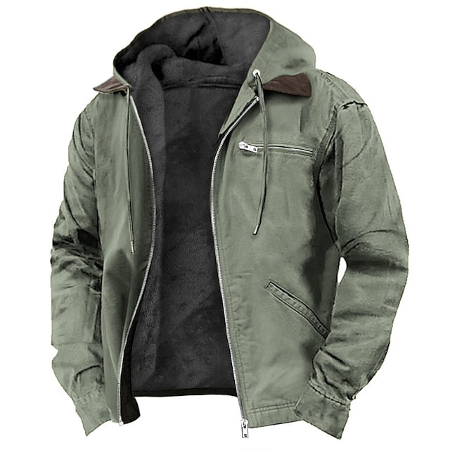Men's windproof hooded winter parka in green — detail view