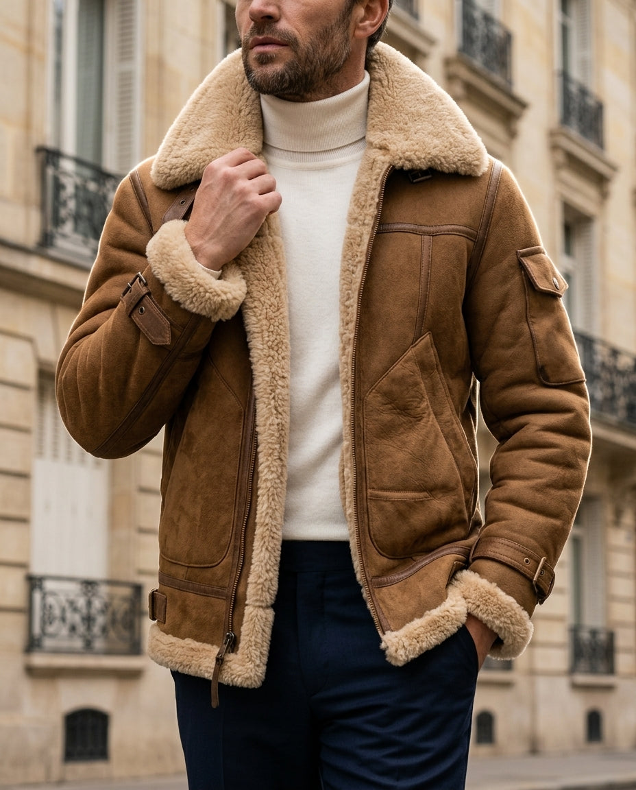 Men's shearling varsity bomber jacket in brown