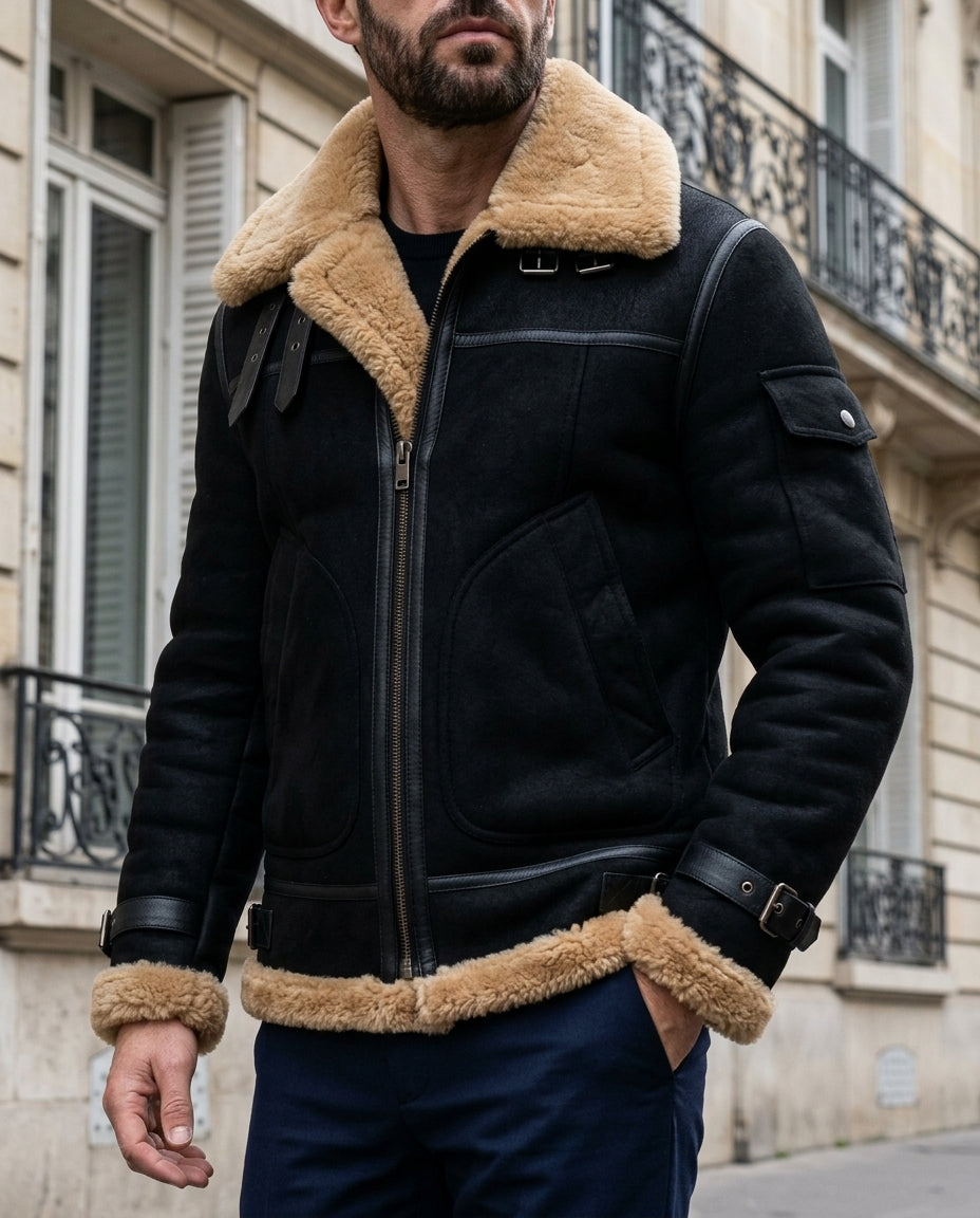 Men's shearling varsity bomber jacket in black — alternate view