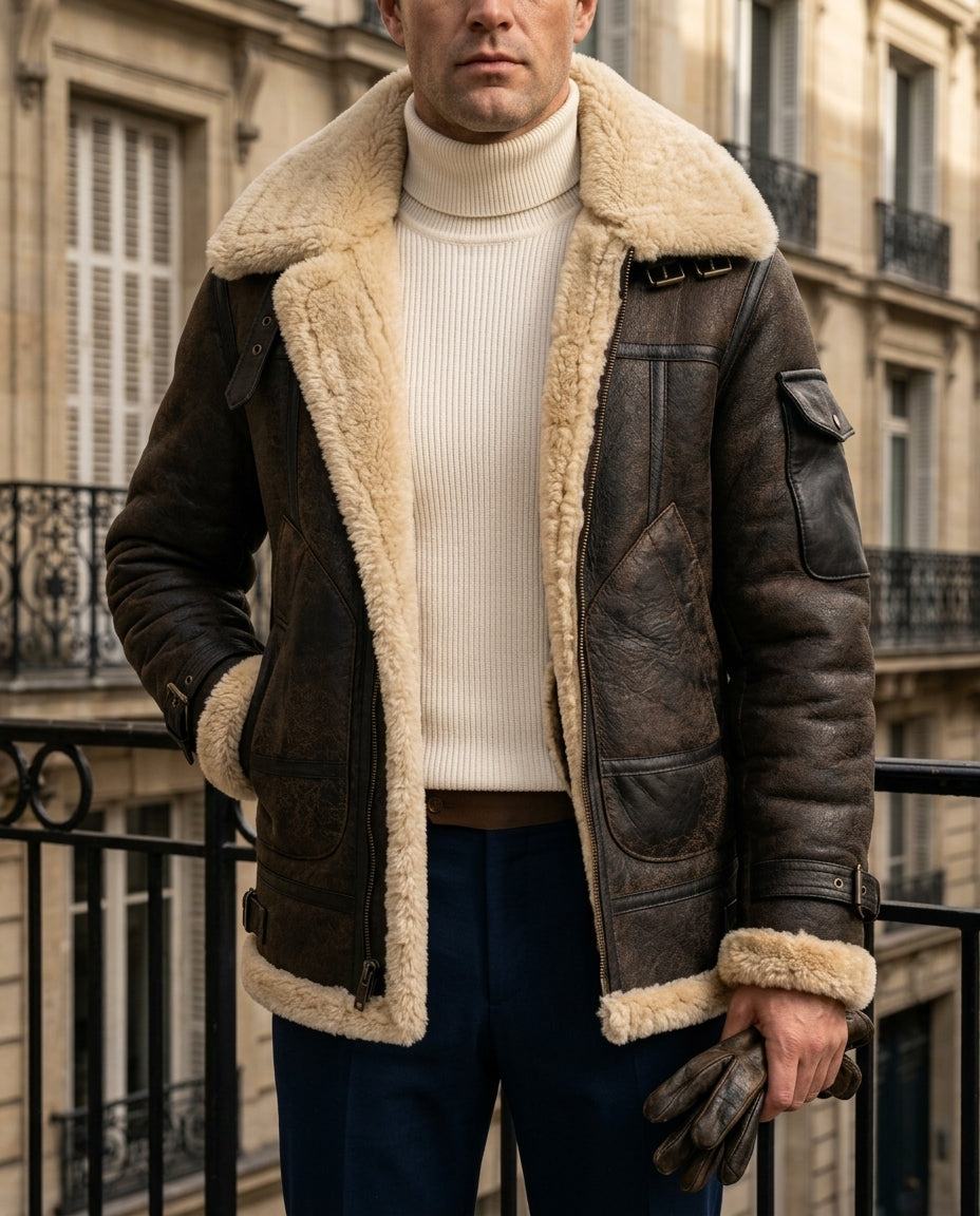 Men's shearling varsity bomber jacket in coffee — detail view
